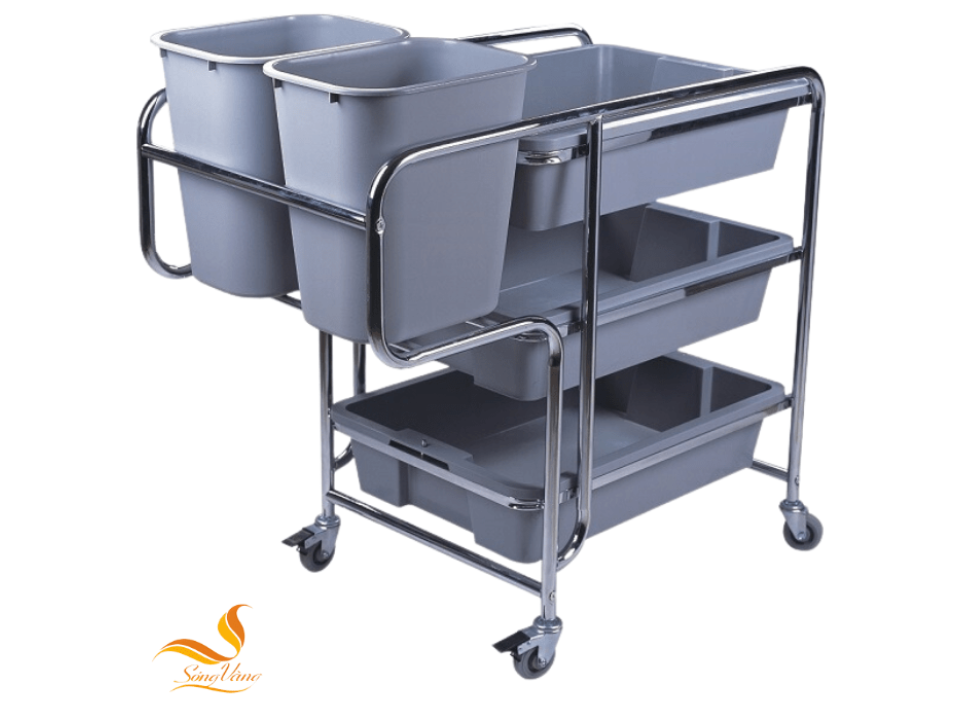 Xe đẩy đồ ăn 3 tầng có xô chứa rác bên hông