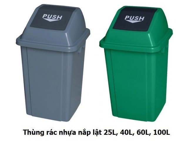 Thùng rác nắp lật PUSH 100L xanh lá, xám Chất liệu : nhựa HDPE